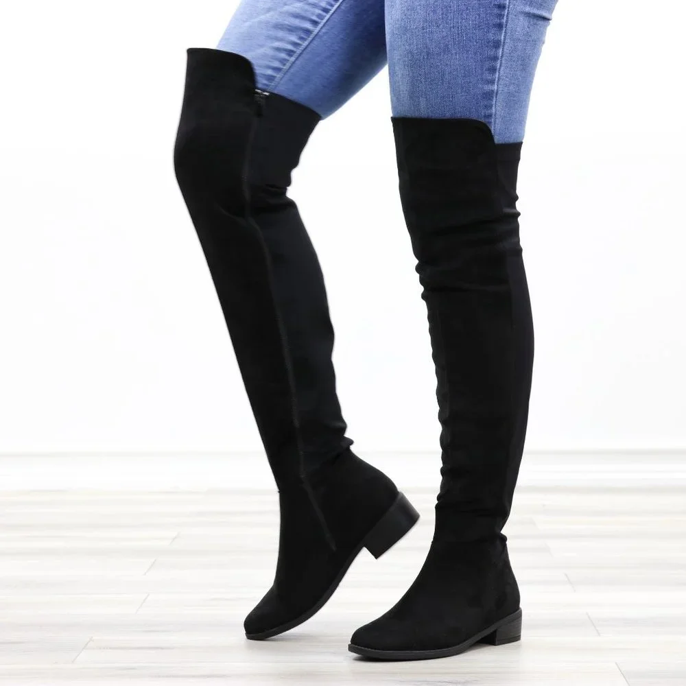 Low Heel Thigh High Boots Womens Over The Knee Suede & Stretchy Material Mix - Picture 1 of 14